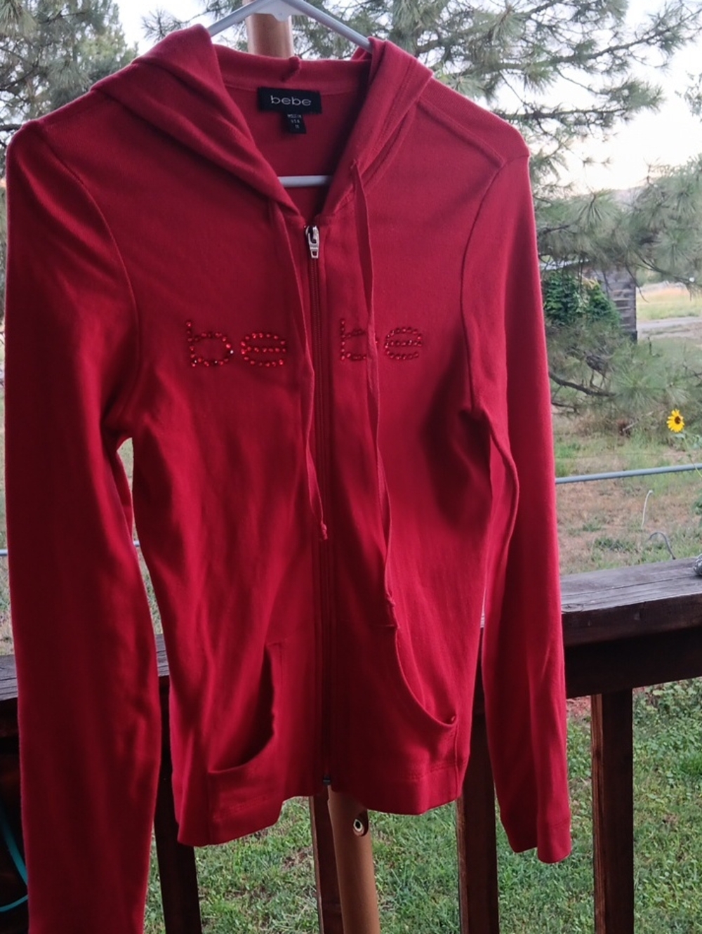 bebe Red Rhinestone Logo Zip-Up Hoodie